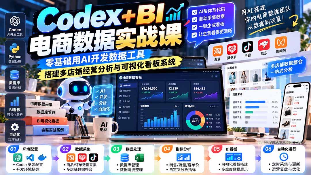 Codex+BI电商数据实战课：零基础用AI开发数据工具，搭建多店铺经营分析与可视化看板系统 - 小红泡