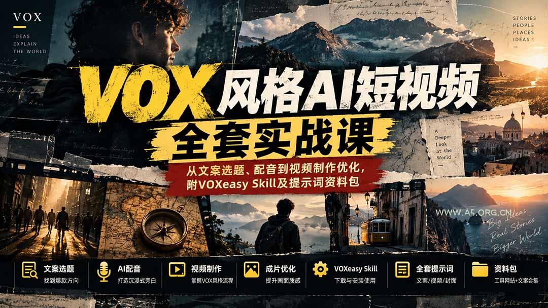 【无水印】VOX风格AI短视频全套实战课：从文案选题、配音到视频制作优化，附VOXeasy Skill及提示词资料包 - 小红泡