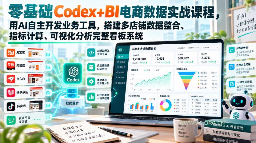 零基础Codex+BI电商数据实战课程,用AI自主开发业务工具,搭建多店铺数据整合、指标计算、可视化分析完整看板系统 - 小红泡 零基础Codex+BI电商数据实战课程,用AI自主开发业务工具,搭建多店铺数据整合、指标计算、可视化分析完整看板系统