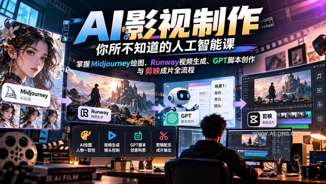 【无水印】AI影视制作-你所不知道的人工智能课，掌握Midjourney绘图、Runway视频生成、GPT脚本创作与剪映成片全流程 - 小红泡