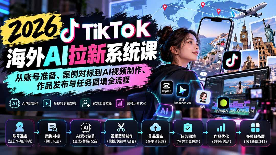 【无水印】2026 TikTok海外AI拉新系统课：从账号准备、案例对标到AI视频制作、作品发布与任务回填全流程 - 小红泡