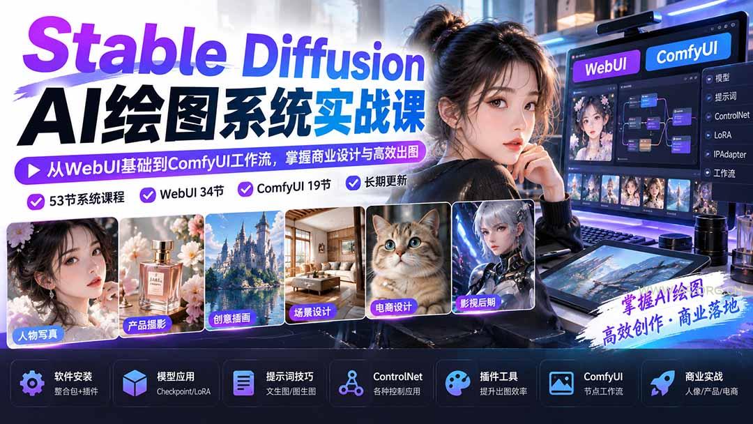 【无水印】Stable Diffusion AI绘图系统实战课：从WebUI基础到ComfyUI工作流，掌握商业设计与高效出图 - 小红泡