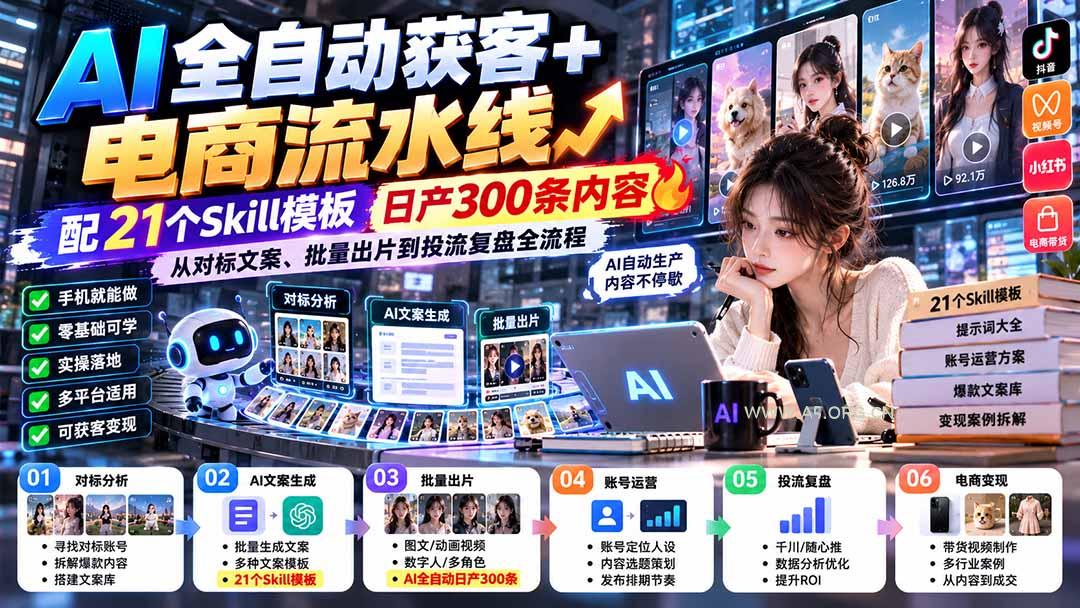 【无水印】AI全自动获客+电商流水线：配21个Skill模板，日产300条内容，从对标文案、批量出片到投流复盘全流程 - 小红泡