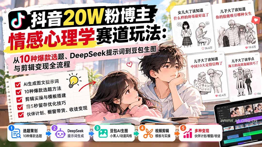 抖音20W粉博主-情感心理学赛道玩法：从10种爆款选题、DeepSeek提示词到豆包生图与剪辑变现全流程 - 小红泡