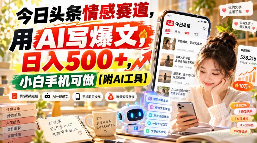 今日头条情感赛道，用AI写爆文，日入500+，小白手机可做【附AI工具】