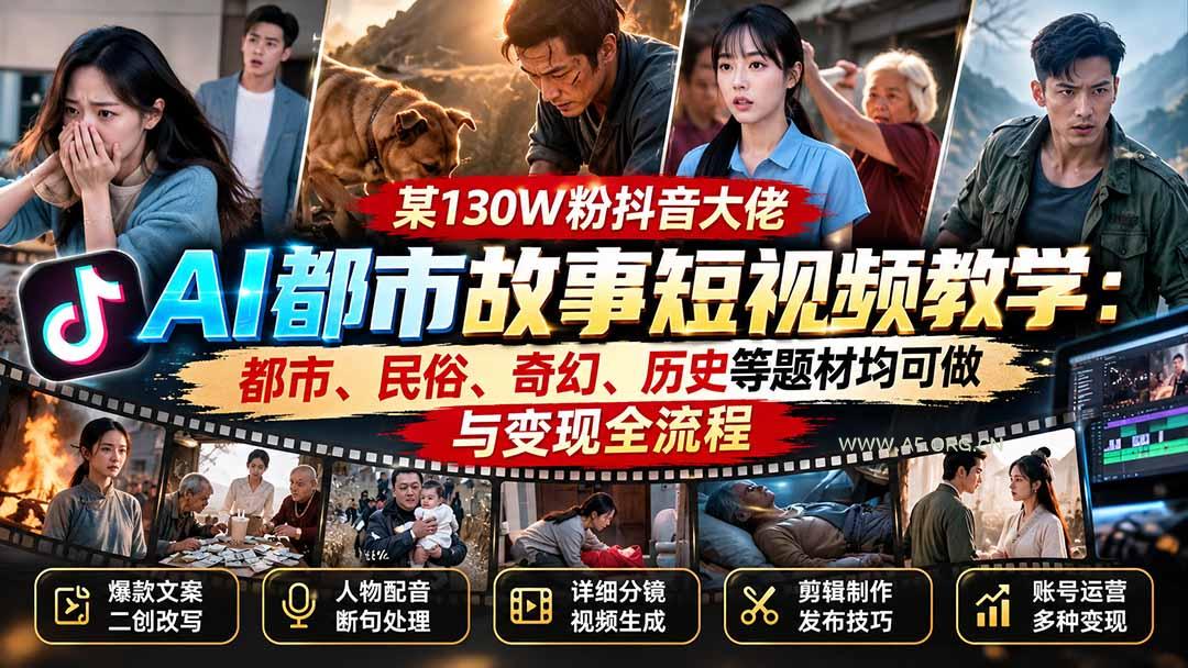 某130W粉抖音大佬AI都市故事短视频教学：都市、民俗、奇幻、历史等题材均可做与变现全流程 - 小红泡