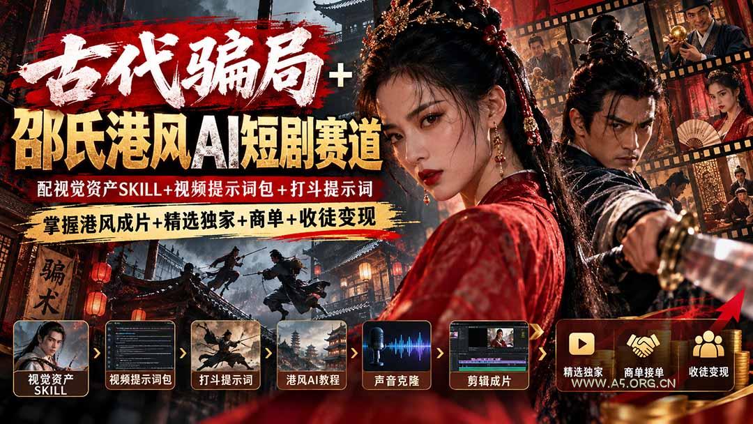 古代骗局+邵氏港风AI短剧赛道：配视觉资产SKILL+视频提示词包+打斗提示词，掌握港风成片+精选独家+商单+收徒变现 - 小红泡