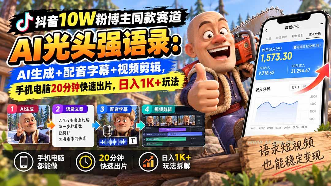 【无水印】抖音10W粉博主同款赛道AI光头强语录：AI生成+配音字幕+视频剪辑，手机电脑20分钟快速出片，日入1K+玩法 - 小红泡