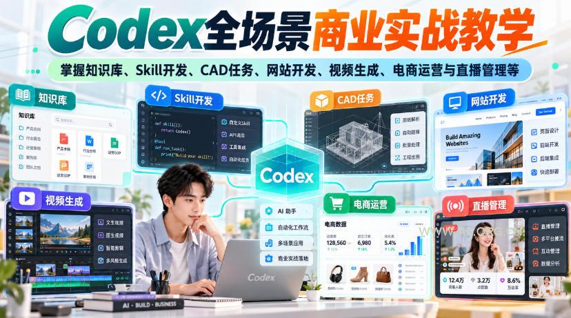 【无水印】Codex全场景商业实战教学，掌握知识库、Skill开发、CAD任务、网站开发、视频生成、电商运营与直播管理等