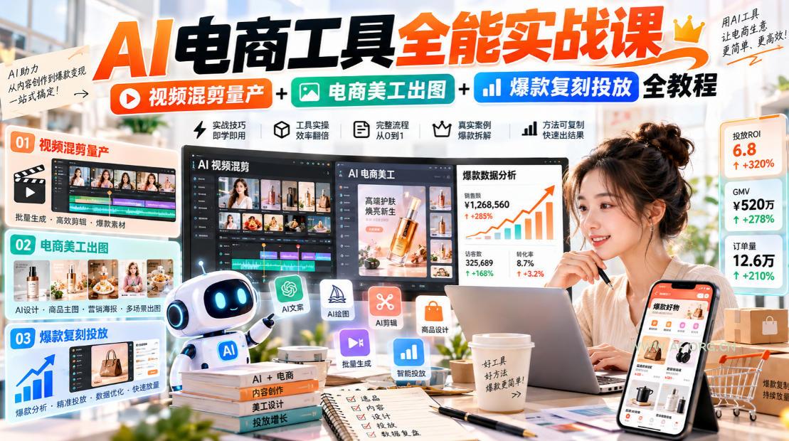 AI电商工具全能实战教学,视频混剪量产+电商美工出图+爆款复刻投放全教程 - 小红泡 AI电商工具全能实战教学,视频混剪量产+电商美工出图+爆款复刻投放全教程