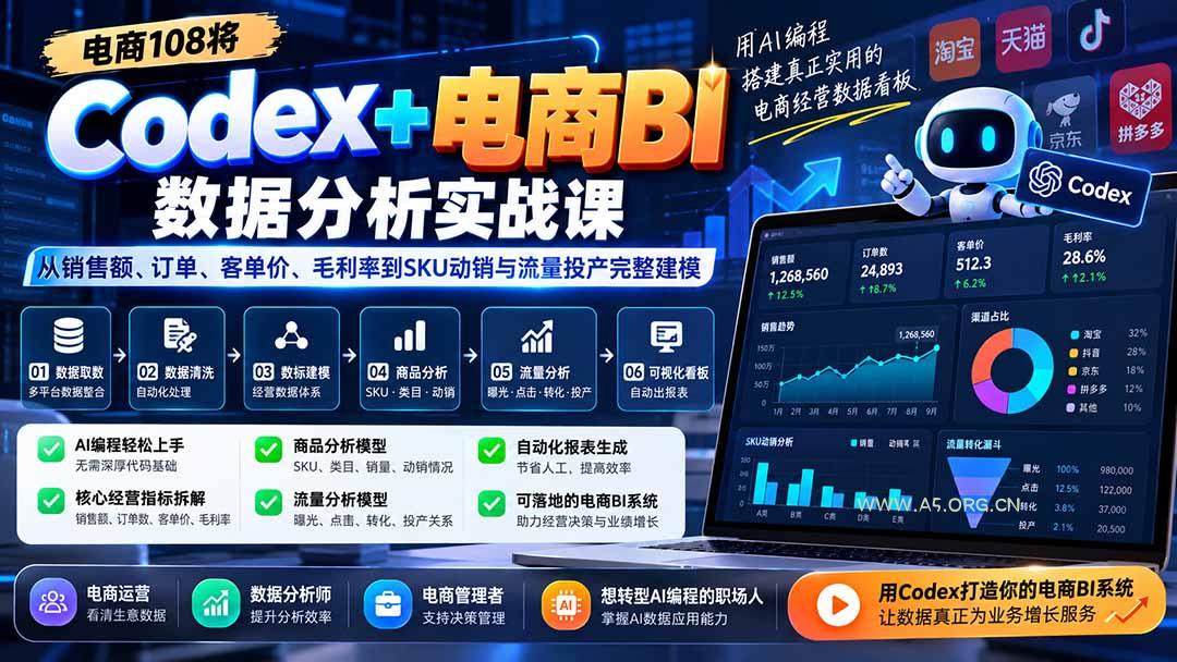 Codex+电商BI数据分析实战课-更新：从销售额、订单、客单价、毛利率到SKU动销与流量投产完整建模 - 小红泡