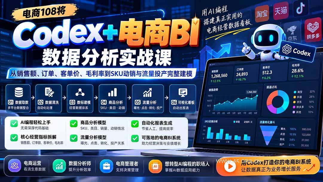 Codex+电商BI数据分析实战课-更新：从销售额、订单、客单价、毛利率到SKU动销与流量投产完整建模 - 小红泡