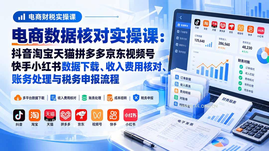 电商数据核账实操课：抖音淘宝天猫拼多多京东视频号快手小红书数据下载、收入费用核对、账务处理与税务申报流程 - 小红泡