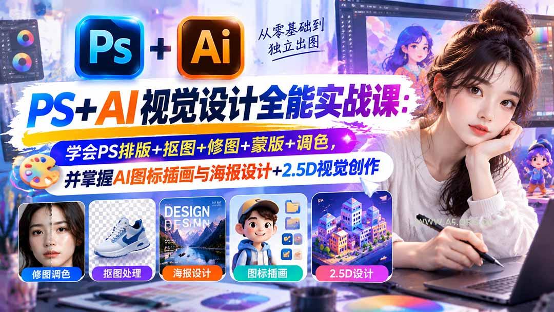 【无水印】PS+AI视觉设计全能实战课：学会PS排版+抠图+修图+蒙版+调色，并掌握AI图标插画与海报设计+2.5D视觉创作 - 小红泡