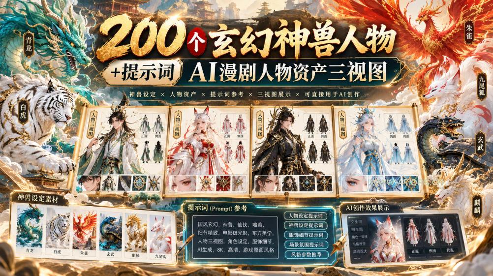 200个玄幻神兽人物+提示词ai漫剧人物资产三视图