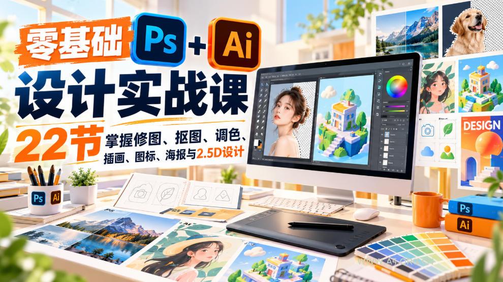 【无水印】零基础PS+AI设计实战课｜22节掌握修图、抠图、调色、插画、图标、海报与2.5D设计