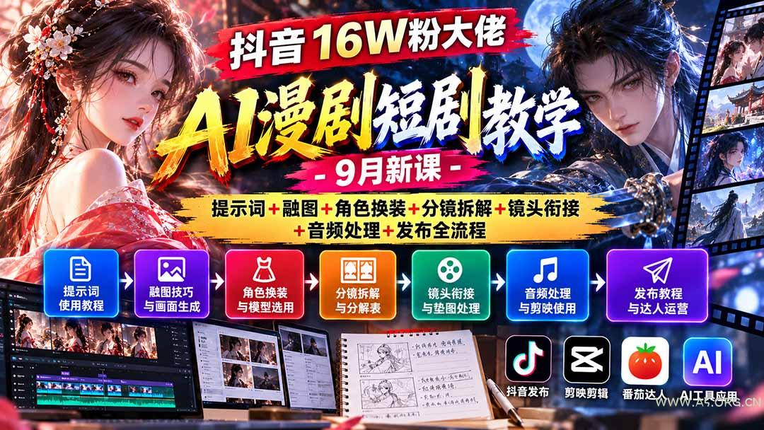 抖音16W粉大佬AI漫剧短剧教学-9月新课：提示词+融图+角色换装+分镜拆解+镜头衔接+音频处理+发布全流程 - 小红泡