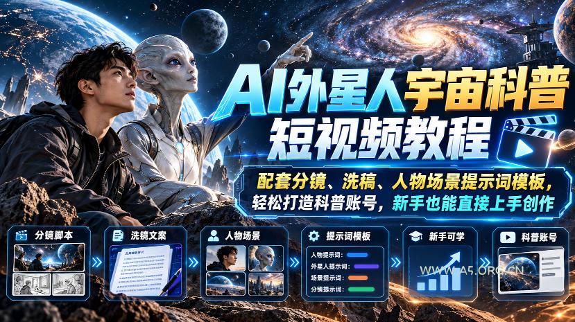AI外星人宇宙科普短视频教程,配套分镜、洗稿、人物场景提示词模板,轻松打造科普账号,新手也能直接上手创作 - 小红泡 AI外星人宇宙科普短视频教程,配套分镜、洗稿、人物场景提示词模板,轻松打造科普账号,新手也能直接上手创作