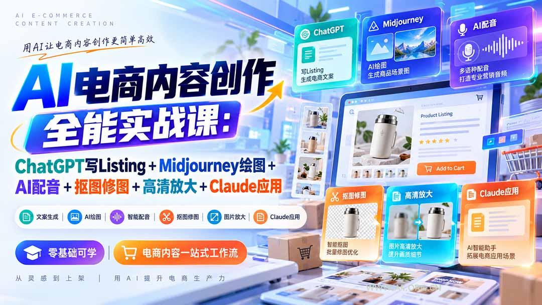 【无水印】AI电商内容创作全能实战课:ChatGPT写Listing+Midjourney绘图+AI配音+抠图修图+高清放大+Claude应用 - 小红泡 【无水印】AI电商内容创作全能实战课:ChatGPT写Listing+Midjourney绘图+AI配音+抠图修图+高清放大+Claude应用 - 小红泡