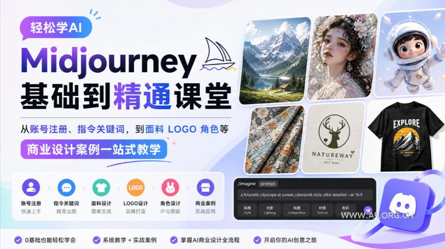 轻松学AI Midjourney基础到精通课堂,从账号注册、指令关键词,到面料LOGO角色等商业设计案例一站式教学 - 小红泡 轻松学AI Midjourney基础到精通课堂,从账号注册、指令关键词,到面料LOGO角色等商业设计案例一站式教学