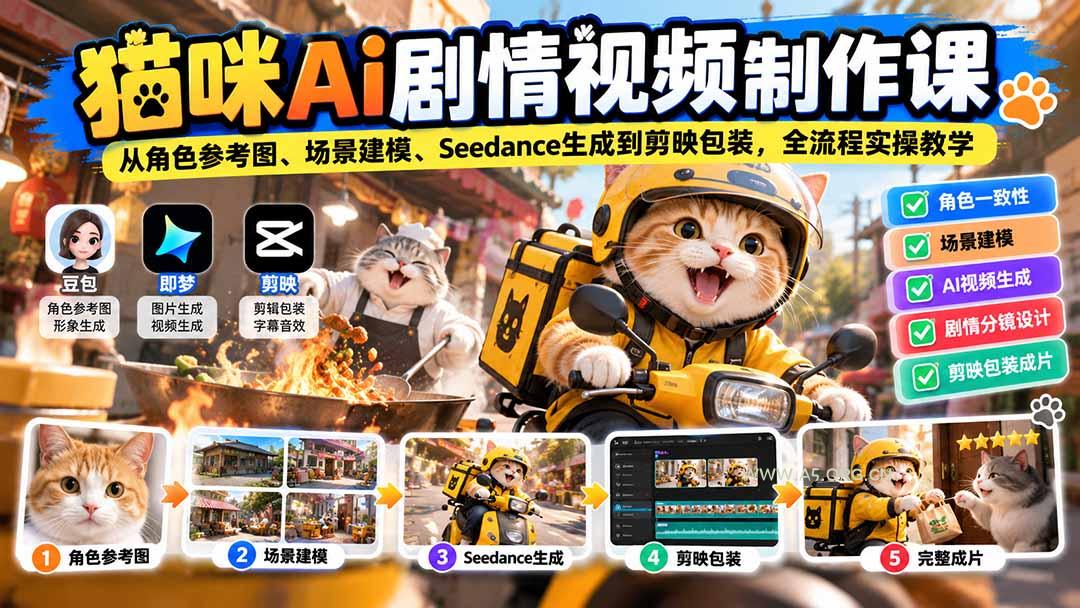 猫咪AI剧情视频制作课：从角色参考图、场景建模、Seedance生成到剪映包装，全流程实操教学 - 小红泡