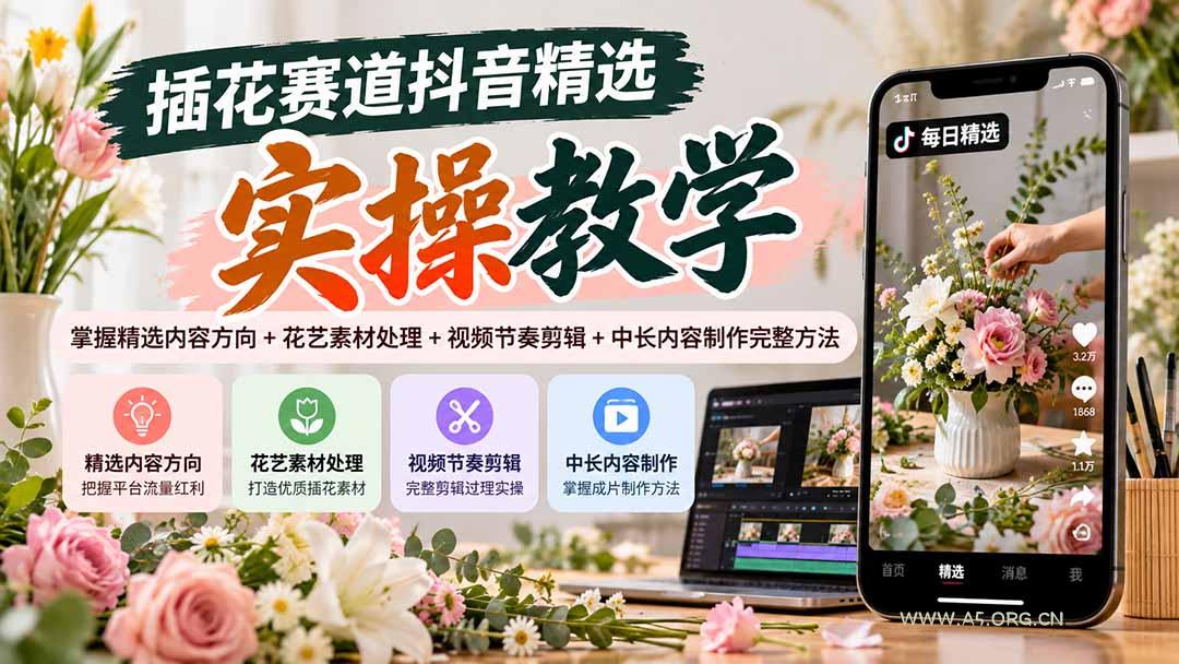 插花赛道抖音精选实操教学：掌握精选内容方向+花艺素材处理+视频节奏剪辑+中长内容制作完整方法 - 小红泡