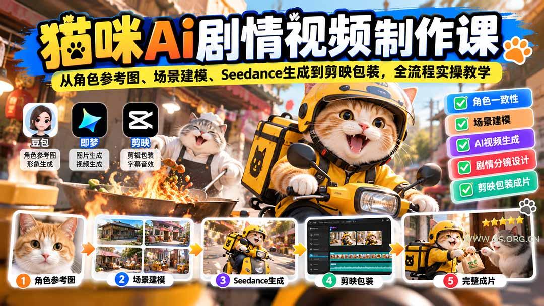 猫咪AI剧情视频制作课：从角色参考图、场景建模、Seedance生成到剪映包装，全流程实操教学 - 小红泡