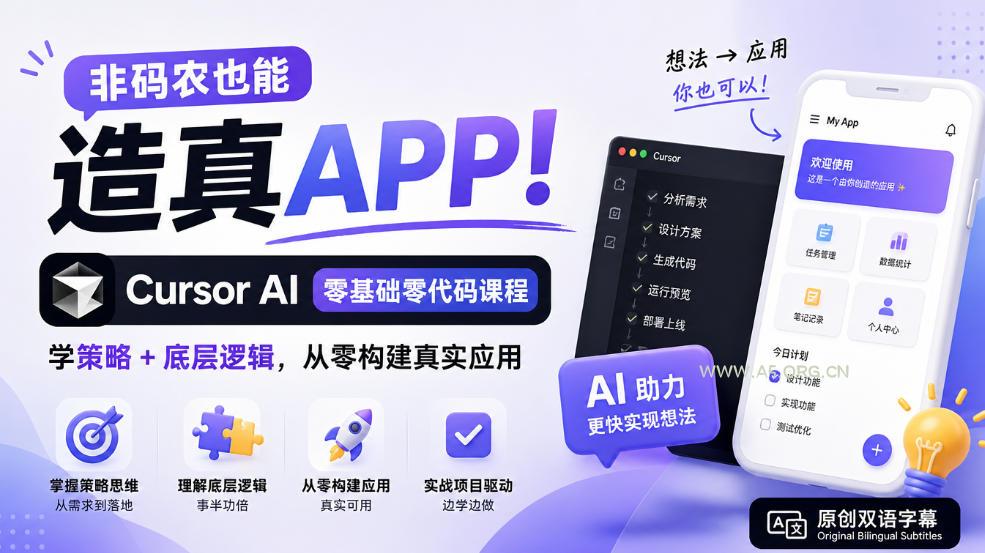 非码农也能造真APP!Cursor AI零基础零代码课程:学策略+底层逻辑,从零构建真实应用【原创双语字幕】 - 小红泡 非码农也能造真APP!Cursor AI零基础零代码课程:学策略+底层逻辑,从零构建真实应用【原创双语字幕】