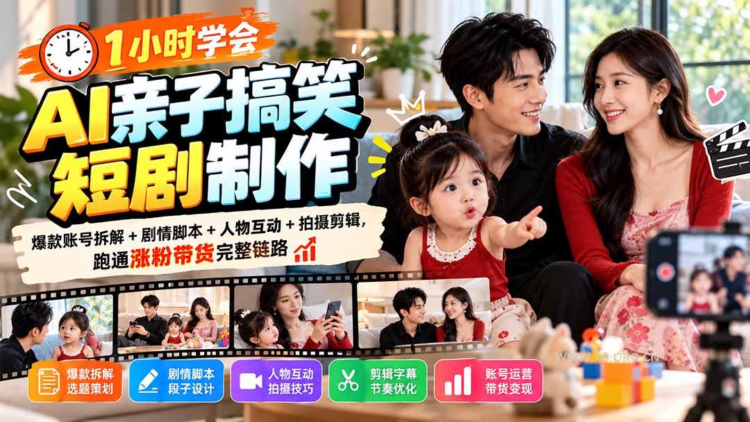 1小时学会AI亲子搞笑短剧制作：爆款账号拆解+剧情脚本+人物互动+拍摄剪辑，跑通涨粉带货完整链路 - 小红泡
