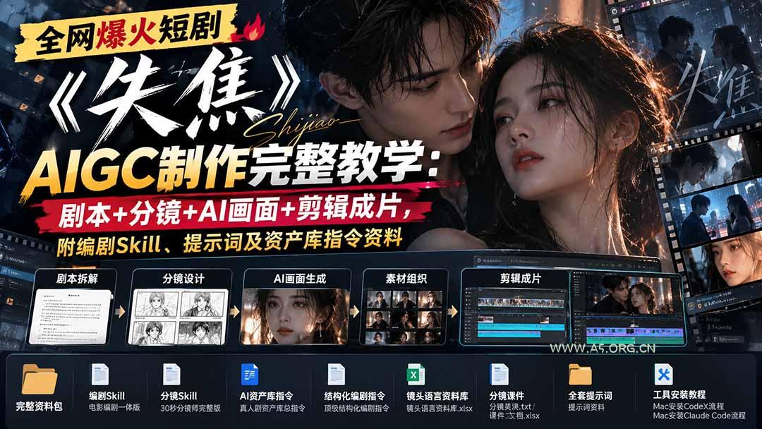 全网爆火短剧《失焦》AIGC制作完整教学：剧本+分镜+AI画面+剪辑成片，附编剧Skill、提示词及资产库指令资料 - 小红泡