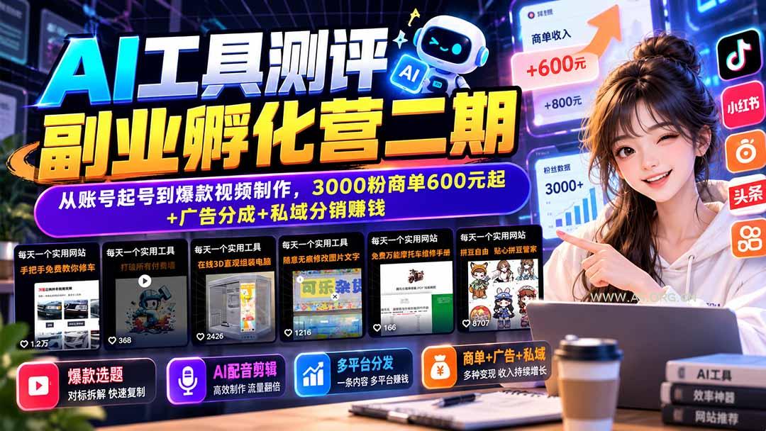 AI工具测评副业孵化营二期：从账号起号到爆款视频制作，3000粉商单600元起+广告分成+私域分销赚钱 - 小红泡