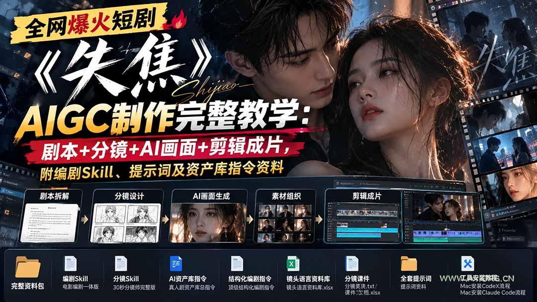 全网爆火短剧《失焦》AIGC制作完整教学：剧本+分镜+AI画面+剪辑成片，附编剧Skill、提示词及资产库指令资料 - 小红泡