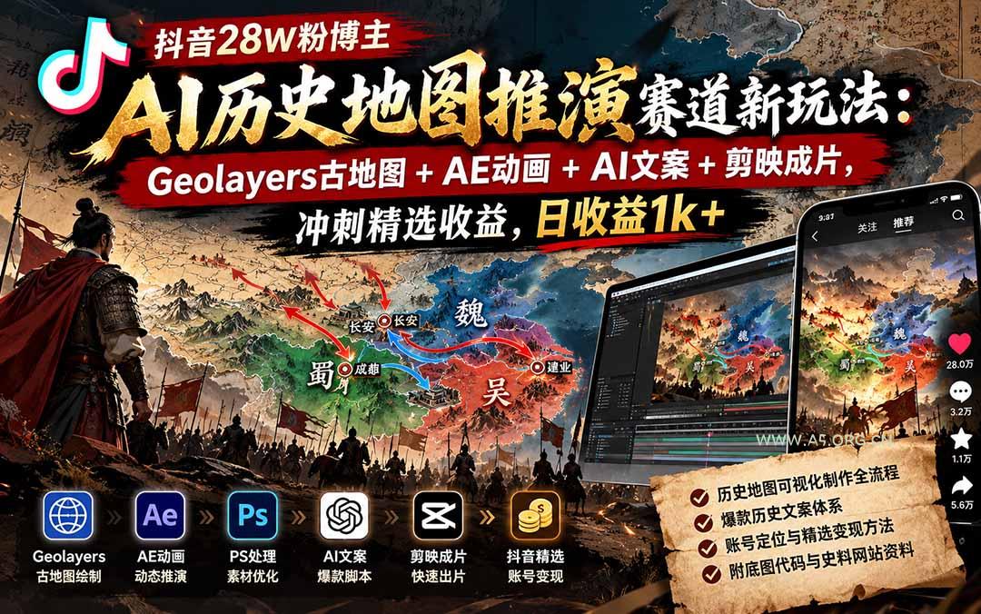 抖音28W粉博主AI历史地图推演赛道新玩法:Geolayers古地图+AE动画+AI文案+剪映成片,冲刺精选收益,日收益1k+ - 小红泡 抖音28W粉博主AI历史地图推演赛道新玩法:Geolayers古地图+AE动画+AI文案+剪映成片,冲刺精选收益,日收益1k+ - 小红泡