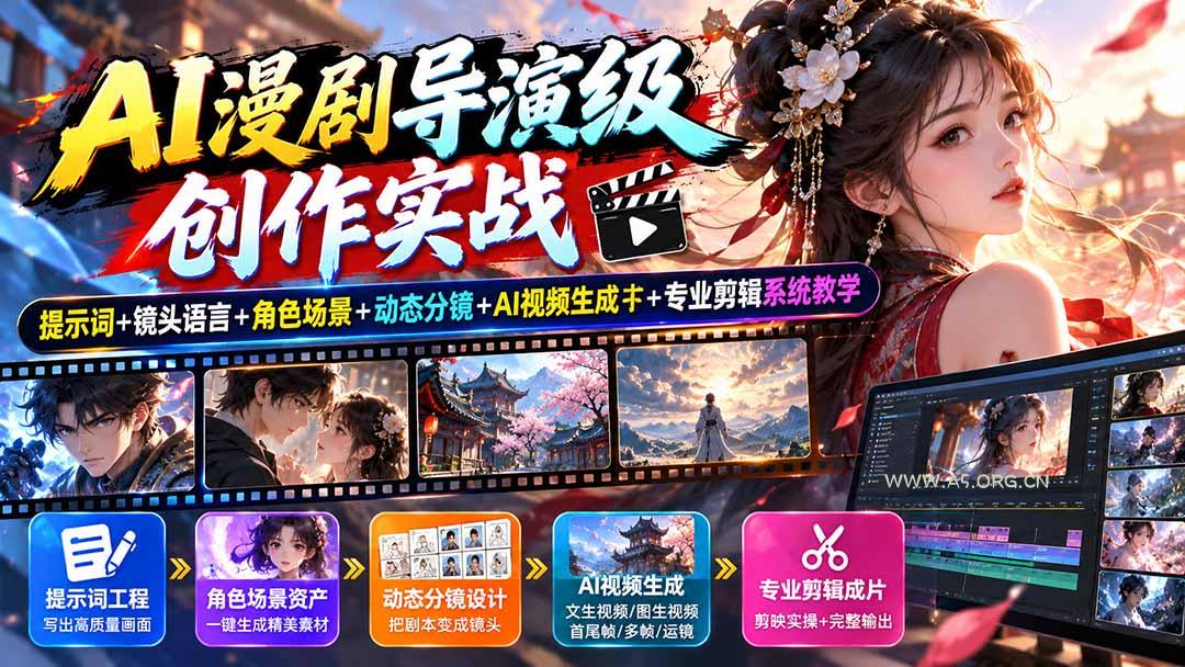 AI漫剧导演级创作实战：提示词+镜头语言+角色场景+动态分镜+AI视频生成+专业剪辑系统教学 - 小红泡