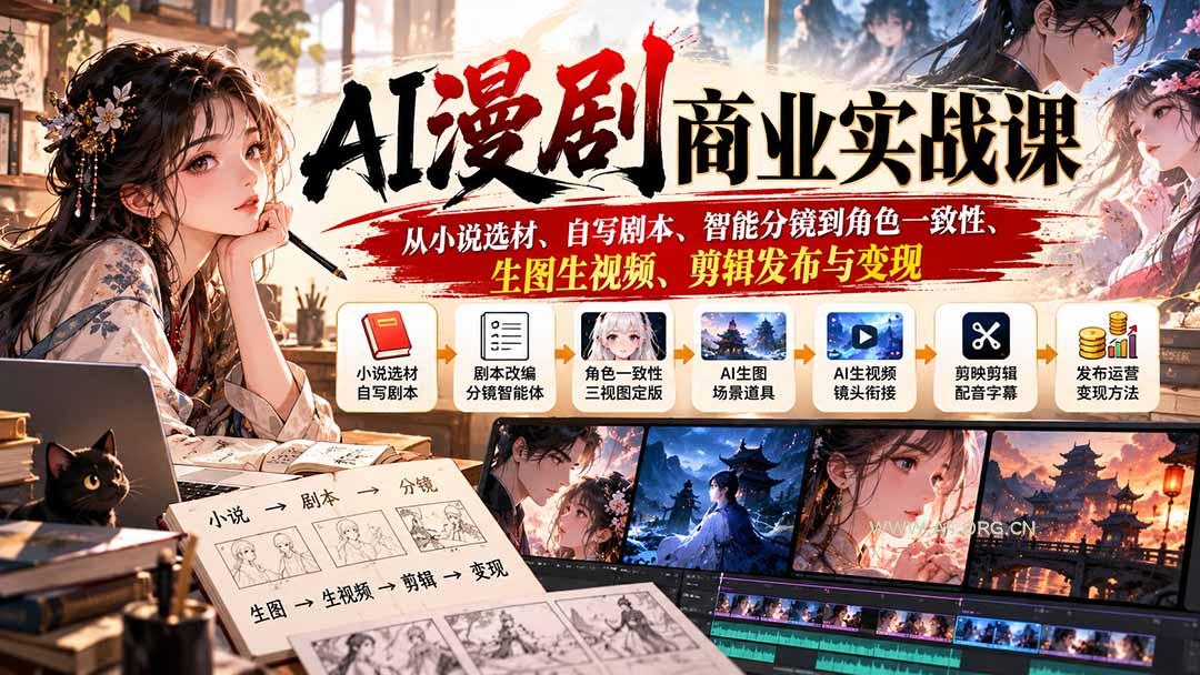 AI漫剧商业实战课:从小说选材、自写剧本、智能分镜到角色一致性、生图生视频、剪辑发布与变现 - 小红泡 AI漫剧商业实战课:从小说选材、自写剧本、智能分镜到角色一致性、生图生视频、剪辑发布与变现 - 小红泡