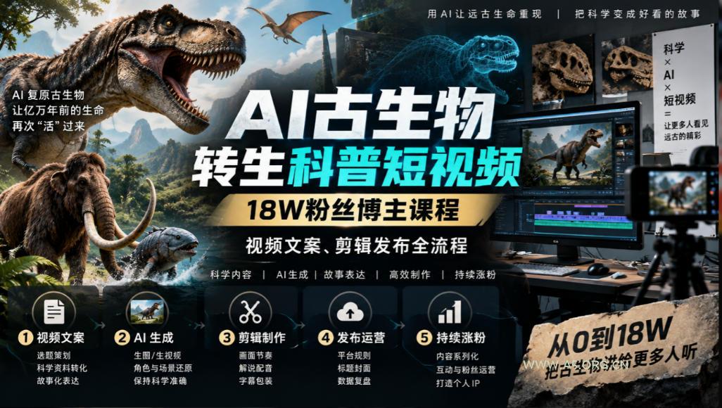 AI古生物转生科普短视频,18W粉丝博主课程,视频文案、剪辑发布全流程 - 小红泡 AI古生物转生科普短视频,18W粉丝博主课程,视频文案、剪辑发布全流程