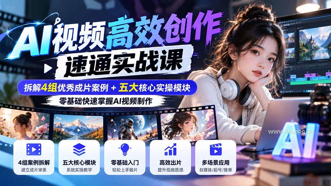 【无水印】AI视频高效创作速通实战课：拆解4组优秀成片案例+五大核心实操模块，零基础快速掌握AI视频制作 - 小红泡