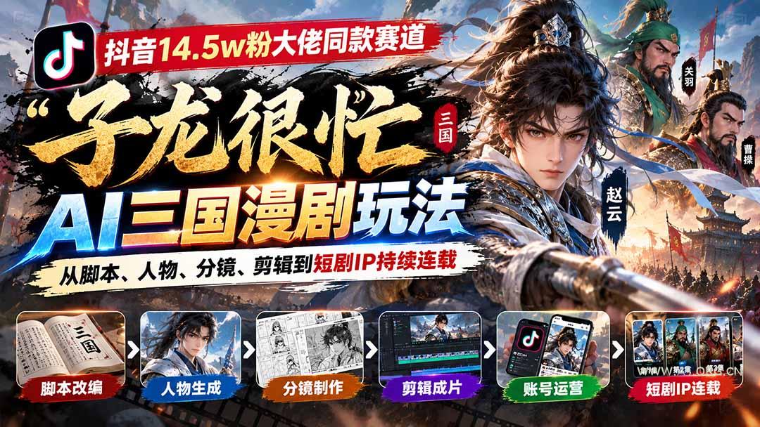 抖音14.5w粉大佬同款赛道「子龙很忙」AI三国漫剧玩法：从脚本、人物、分镜、剪辑到短剧IP持续连载 - 小红泡