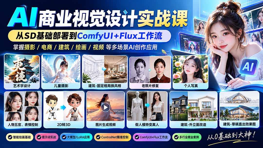 【无水印】AI商业视觉设计实战课:从SD基础部署到ComfyUI+Flux工作流,掌握摄影电商建筑AI创作 - 小红泡 【无水印】AI商业视觉设计实战课:从SD基础部署到ComfyUI+Flux工作流,掌握摄影电商建筑AI创作 - 小红泡