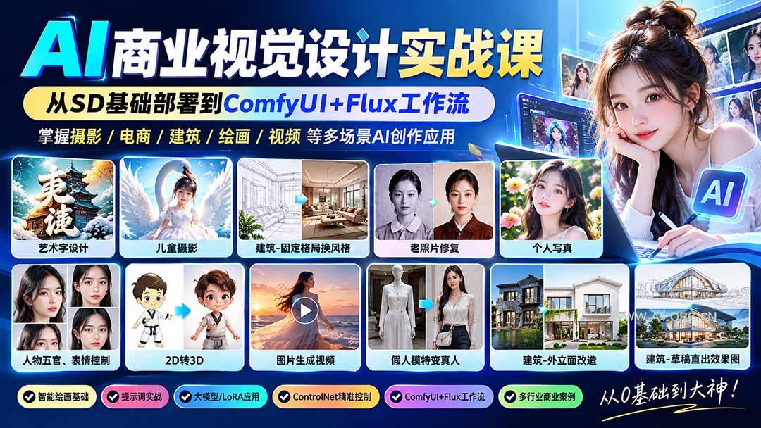 【无水印】AI商业视觉设计实战课：从SD基础部署到ComfyUI+Flux工作流，掌握摄影电商建筑AI创作 - 小红泡