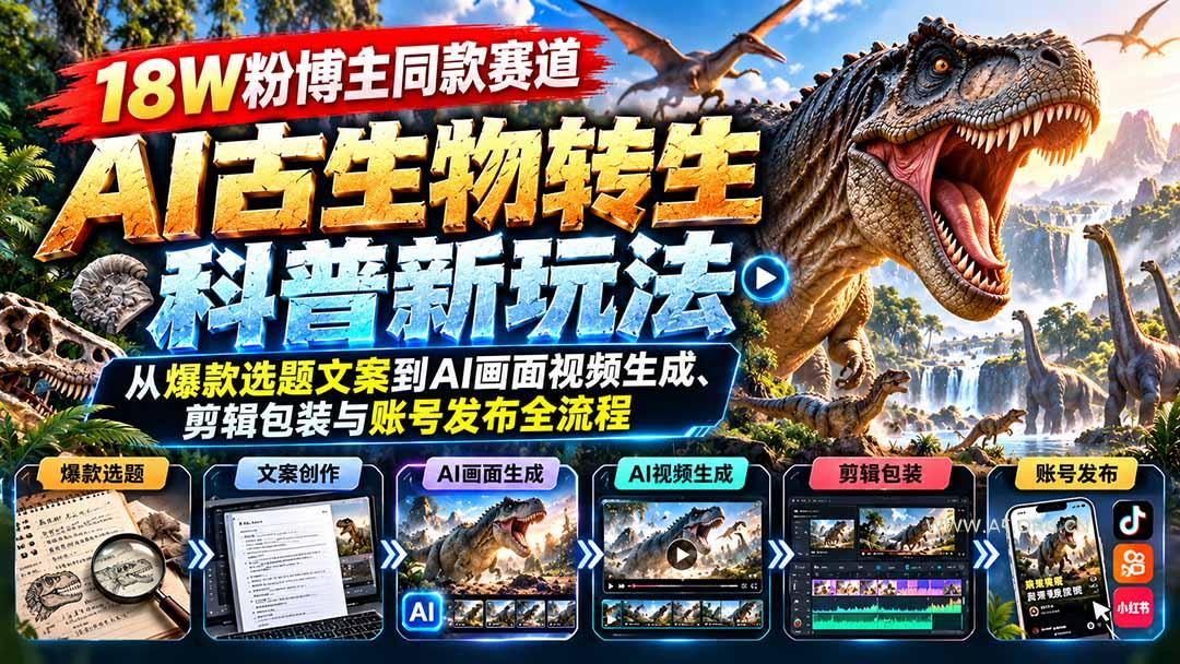18W粉博主同款赛道-AI古生物转生科普新玩法：从爆款选题文案到AI画面视频生成、剪辑包装与账号发布全流程 - 小红泡