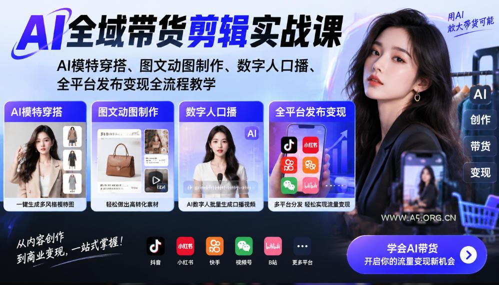 AI全域带货剪辑实战课|AI模特穿搭、图文动图制作、数字人口播、全平台发布变现全流程教学 - 小红泡 AI全域带货剪辑实战课|AI模特穿搭、图文动图制作、数字人口播、全平台发布变现全流程教学