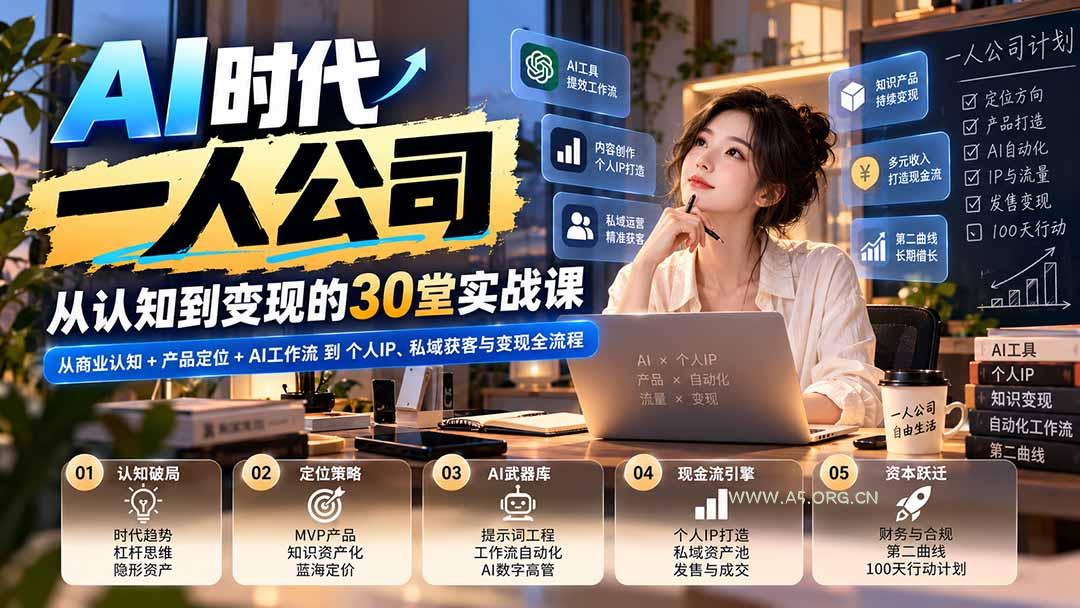【无水印】AI时代一人公司30堂实战课：从商业认知+产品定位+AI工作流到个人IP、私域获客与变现全流程 - 小红泡