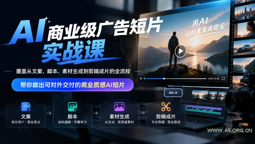 AI商业级广告短片实战课，覆盖从文案、脚本、素材生成到剪辑成片的全流程，帮你做出可对外交付的商业质感AI短片