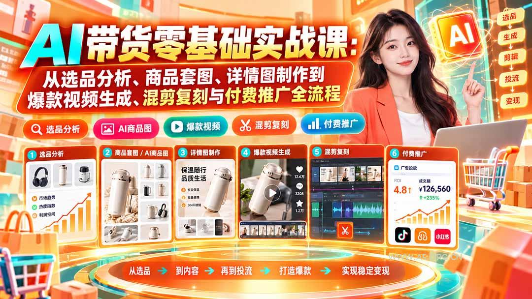 AI带货零基础实战课：从选品分析、商品套图、详情图制作到爆款视频生成、混剪复刻与付费推广全流程 - 小红泡