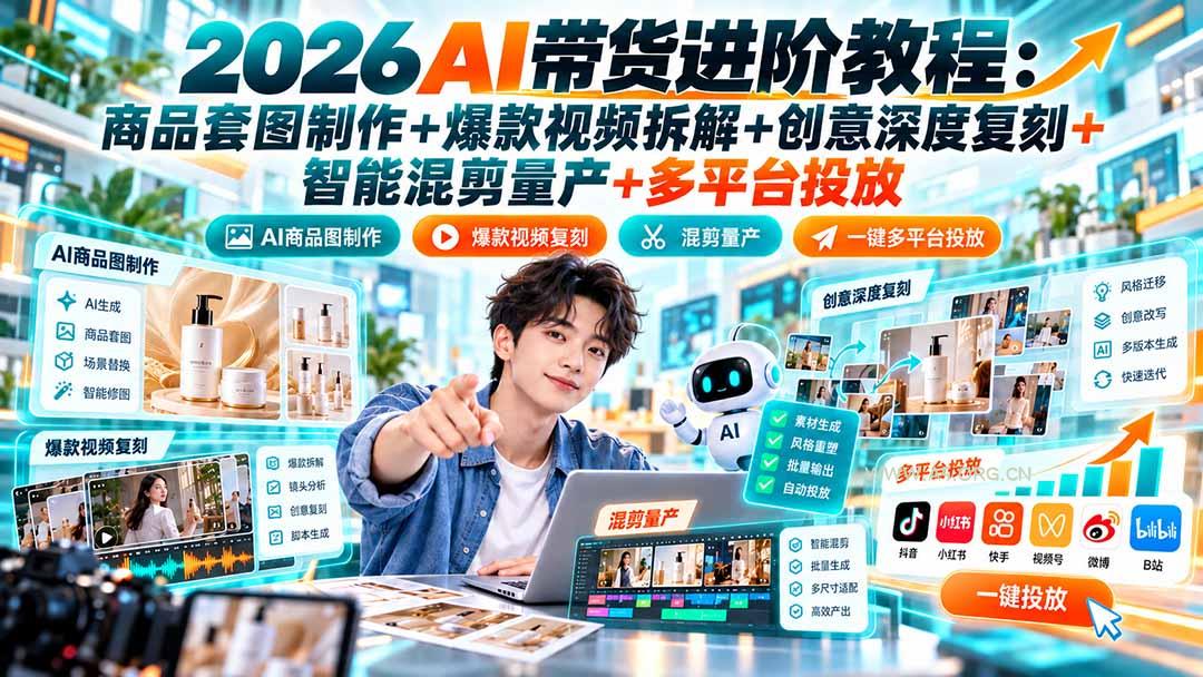 2026AI带货进阶教程:商品套图制作+爆款视频拆解+创意深度复刻+智能混剪量产+多平台投放 - 小红泡 2026AI带货进阶教程:商品套图制作+爆款视频拆解+创意深度复刻+智能混剪量产+多平台投放 - 小红泡