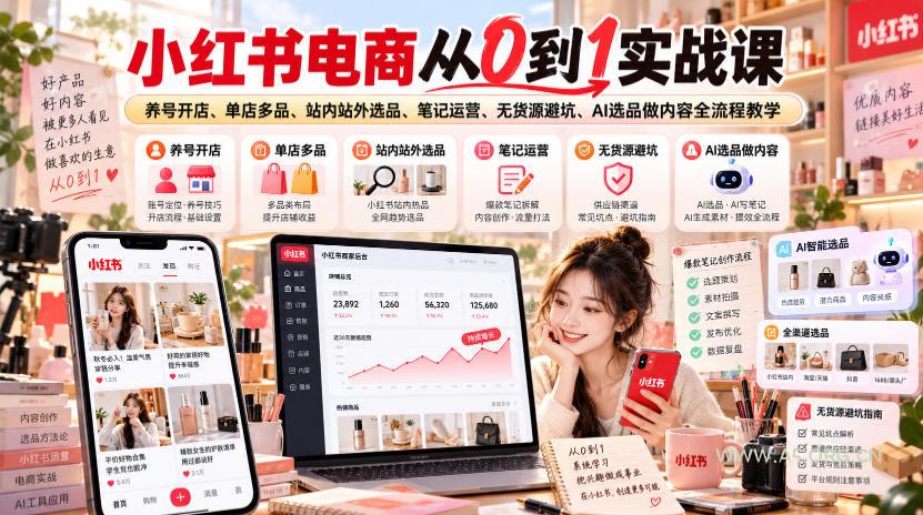 小红书电商从0到1实战课|养号开店、单店多品、站内站外选品、笔记运营、无货源避坑、AI选品做内容全流程教学 - 小红泡 小红书电商从0到1实战课|养号开店、单店多品、站内站外选品、笔记运营、无货源避坑、AI选品做内容全流程教学