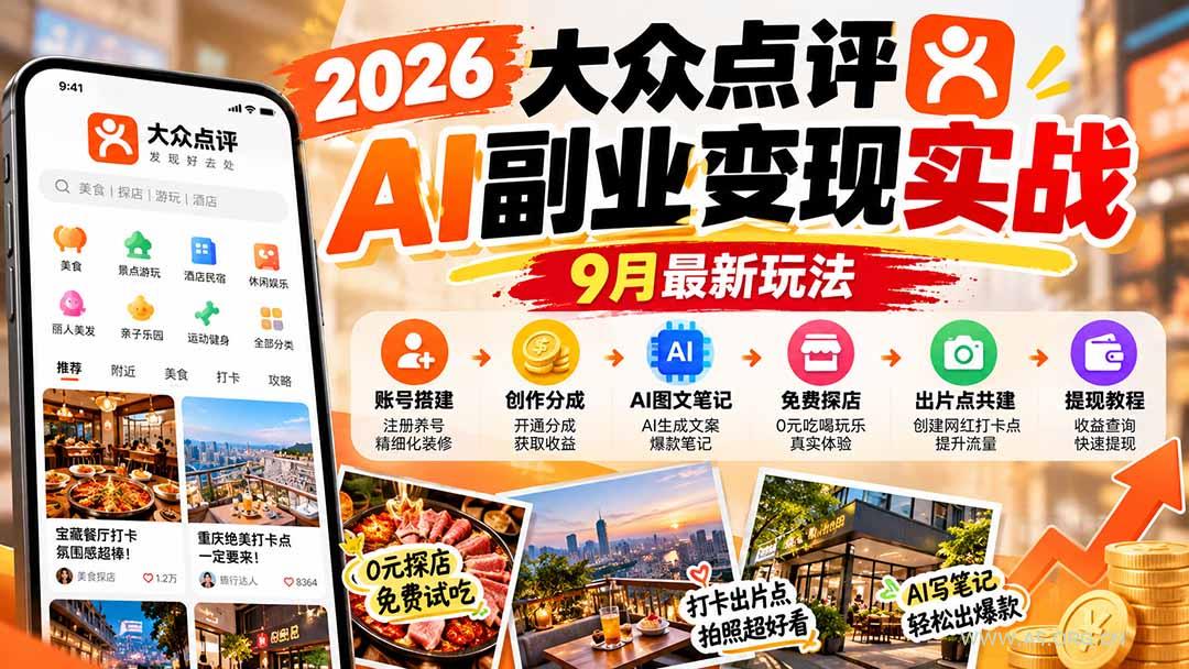 2026大众点评AI副业变现实战9月最新玩法：账号搭建+创作分成+AI图文笔记+免费探店+出片点共建与提现教程 - 小红泡