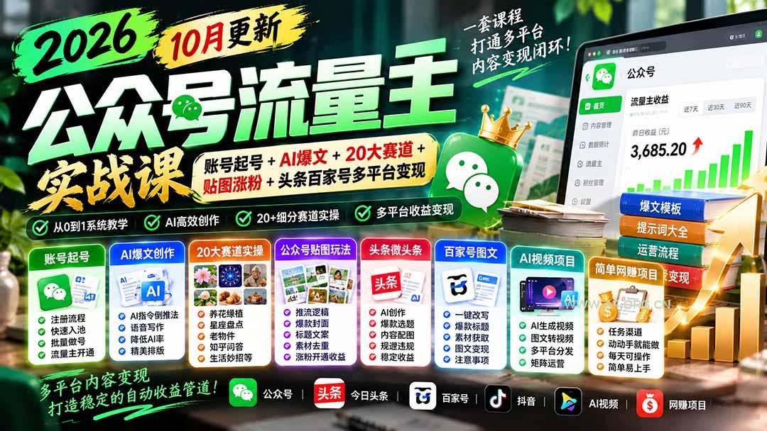 2026公众号流量主实战课-10月更新：账号起号+AI爆文+20大赛道+贴图涨粉+头条百家号多平台变现 - 小红泡