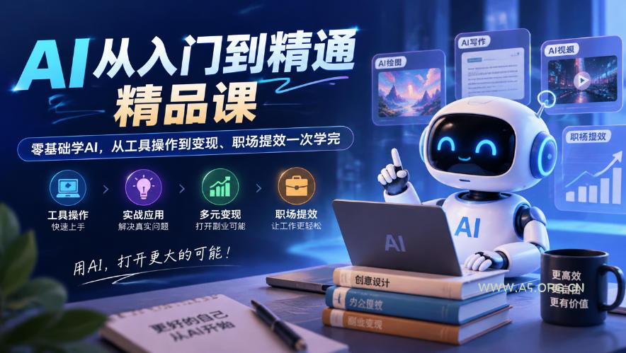 AI从入门到精通精品课，零基础学AI，从工具操作到变现、职场提效一次学完